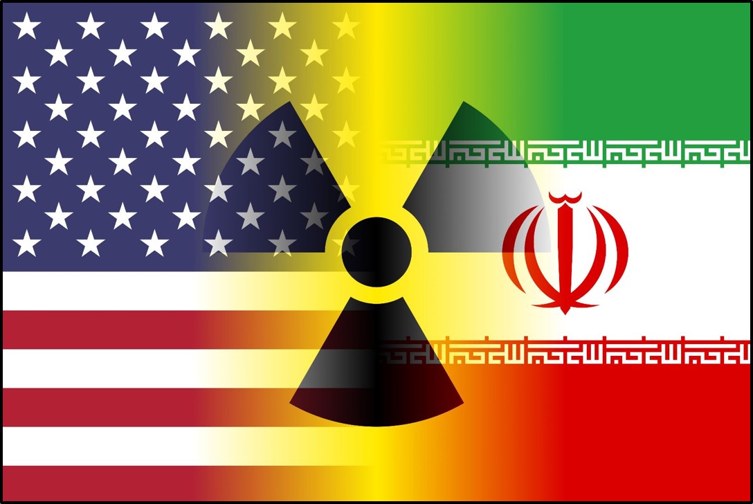 Stock Iranian and U.S. Flag with Nuclear Symbol